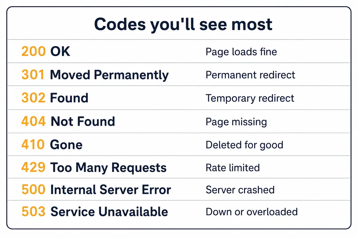 Common HTTP status codes with plain-English meanings: 200, 301, 302, 404, 410, 429, 500 and 503.