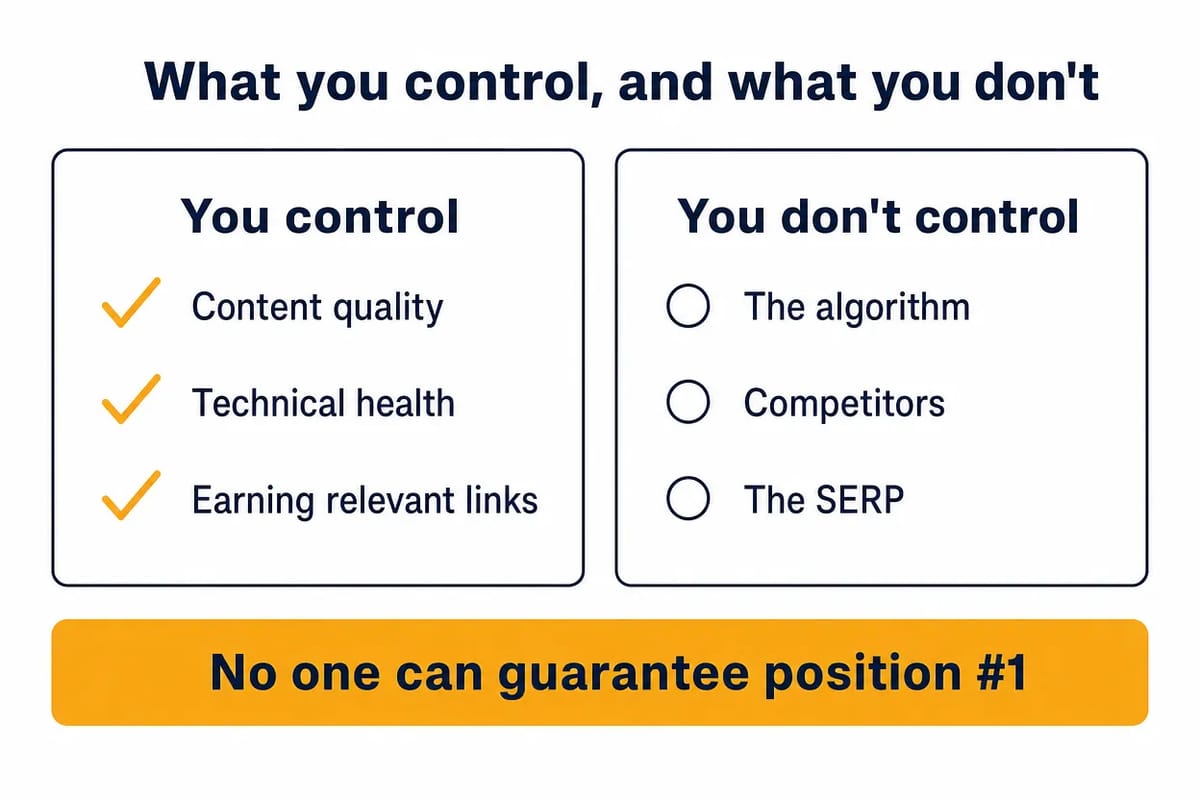 Two-panel card of what you control in SEO versus what you don't, noting no one can guarantee position one.