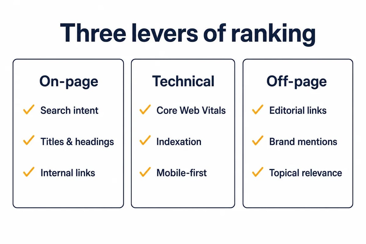 Three-column diagram of ranking levers: on-page, technical and off-page SEO with example tactics for each.