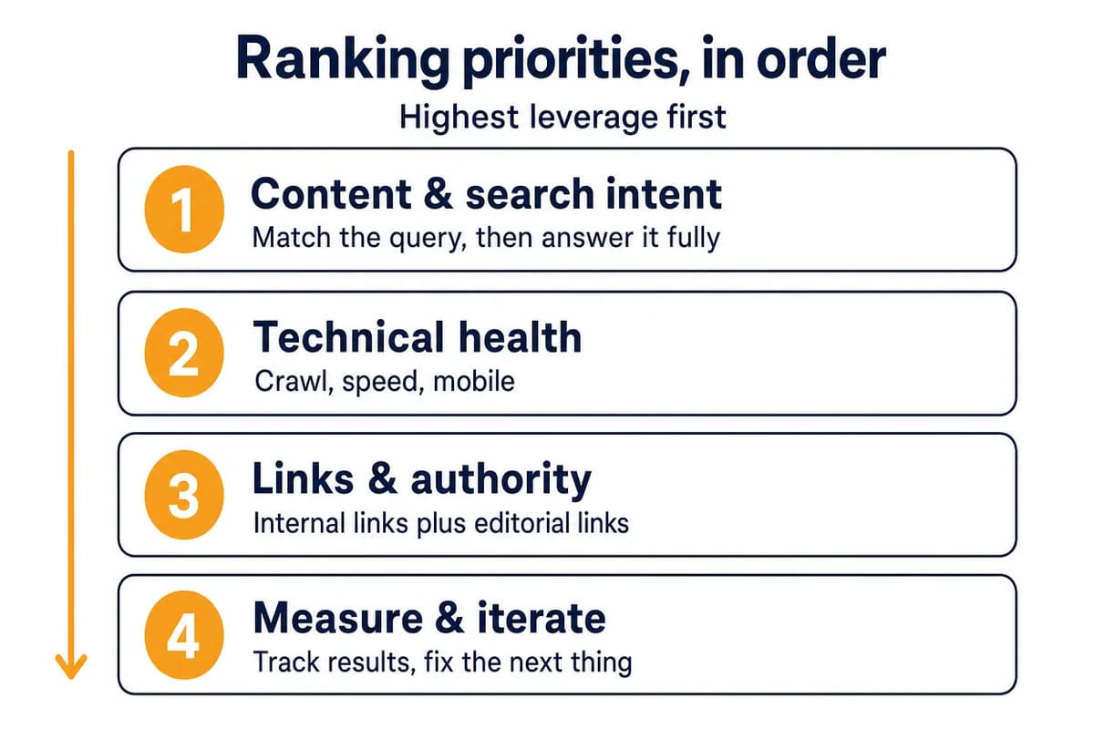 Ordered stack of ranking priorities from content and intent to technical health, links, then measuring results.