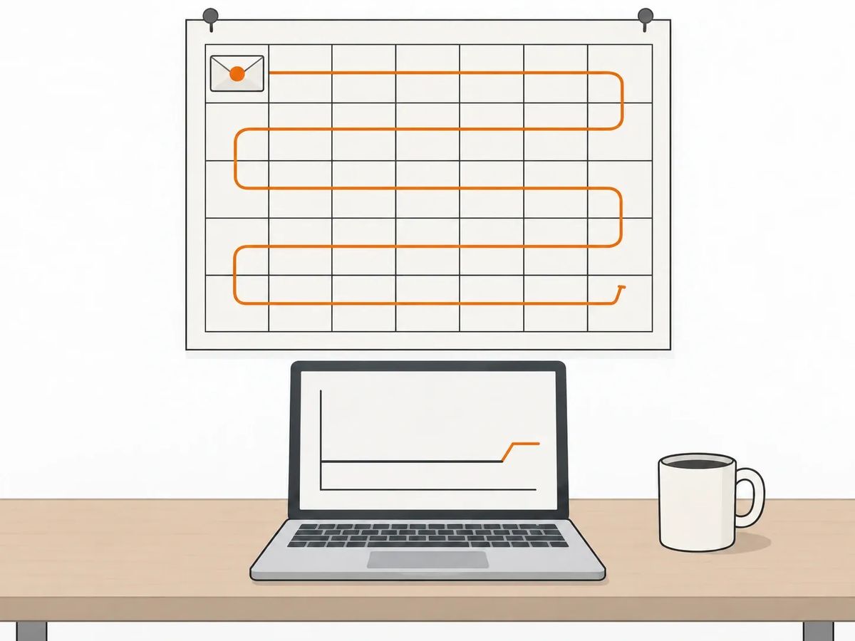 A wall calendar with a link arriving on the first day and a small upward ranking step drawn several weeks later