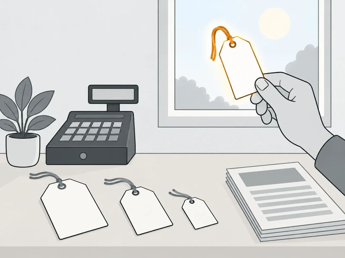 A shop counter with three blank price tags of different sizes and a hand holding a fourth up to the light
