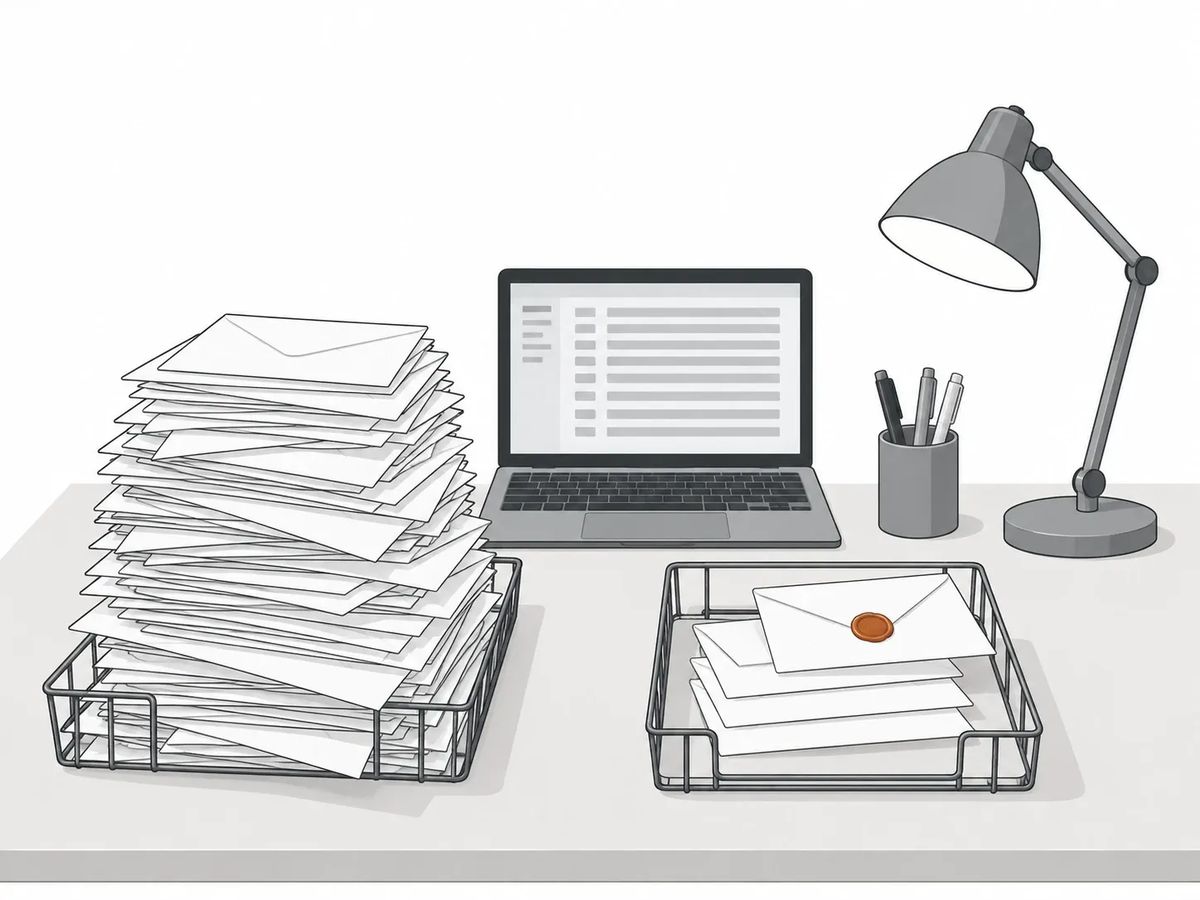 A full outbox tray of sealed outreach letters beside an inbox tray holding four replies, one with a warm seal