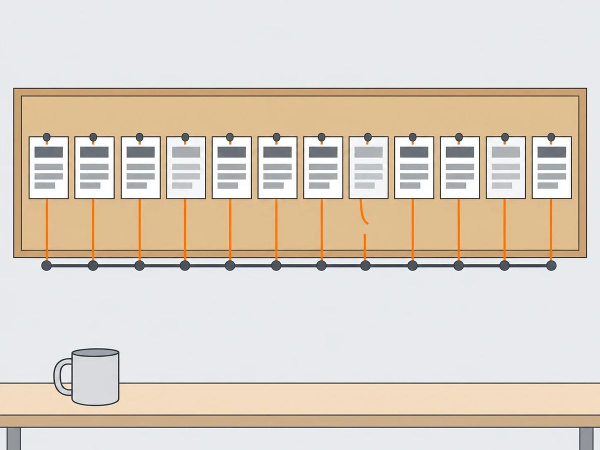 Twelve web pages pinned in a row on a noticeboard, three faded and one with its link thread cut