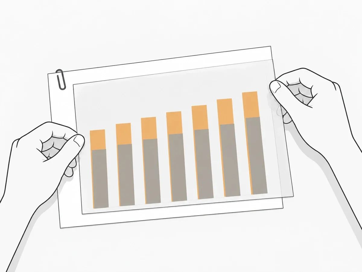 Two hands laying a sheet of tracing paper with orange bars over a printed sheet of grey bars to compare the two readings