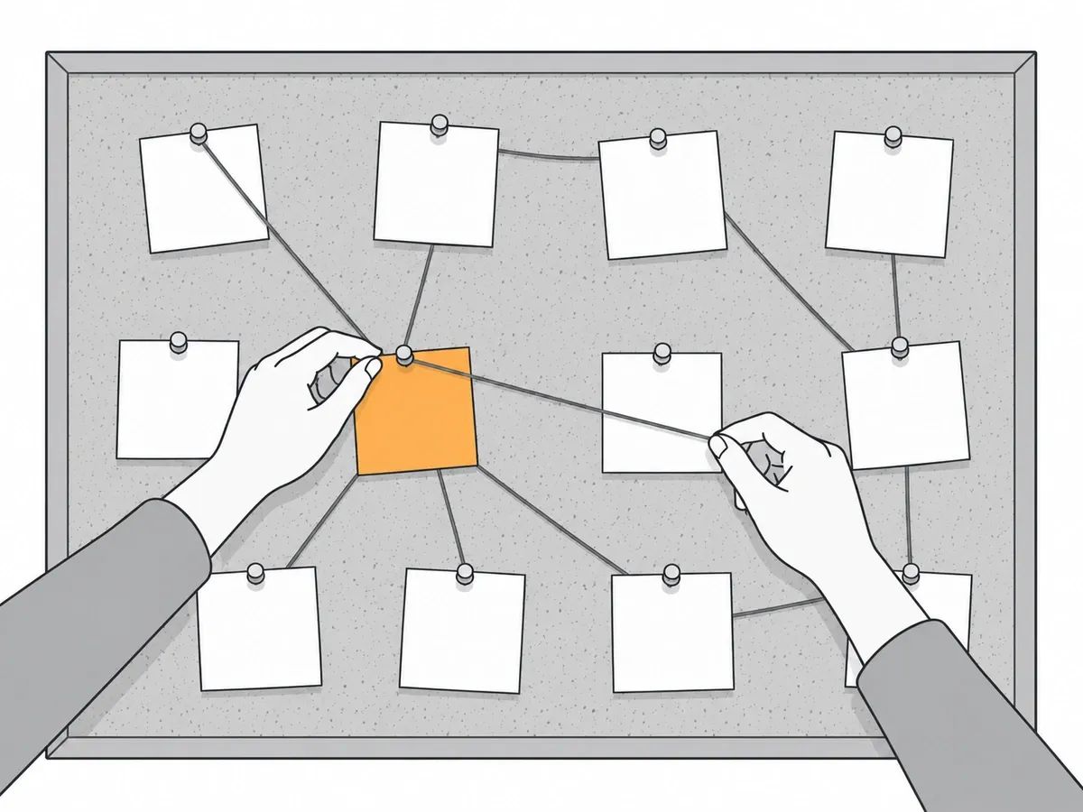 Two hands pinning an orange note to a corkboard of blank notes and pulling string from it to the notes around it