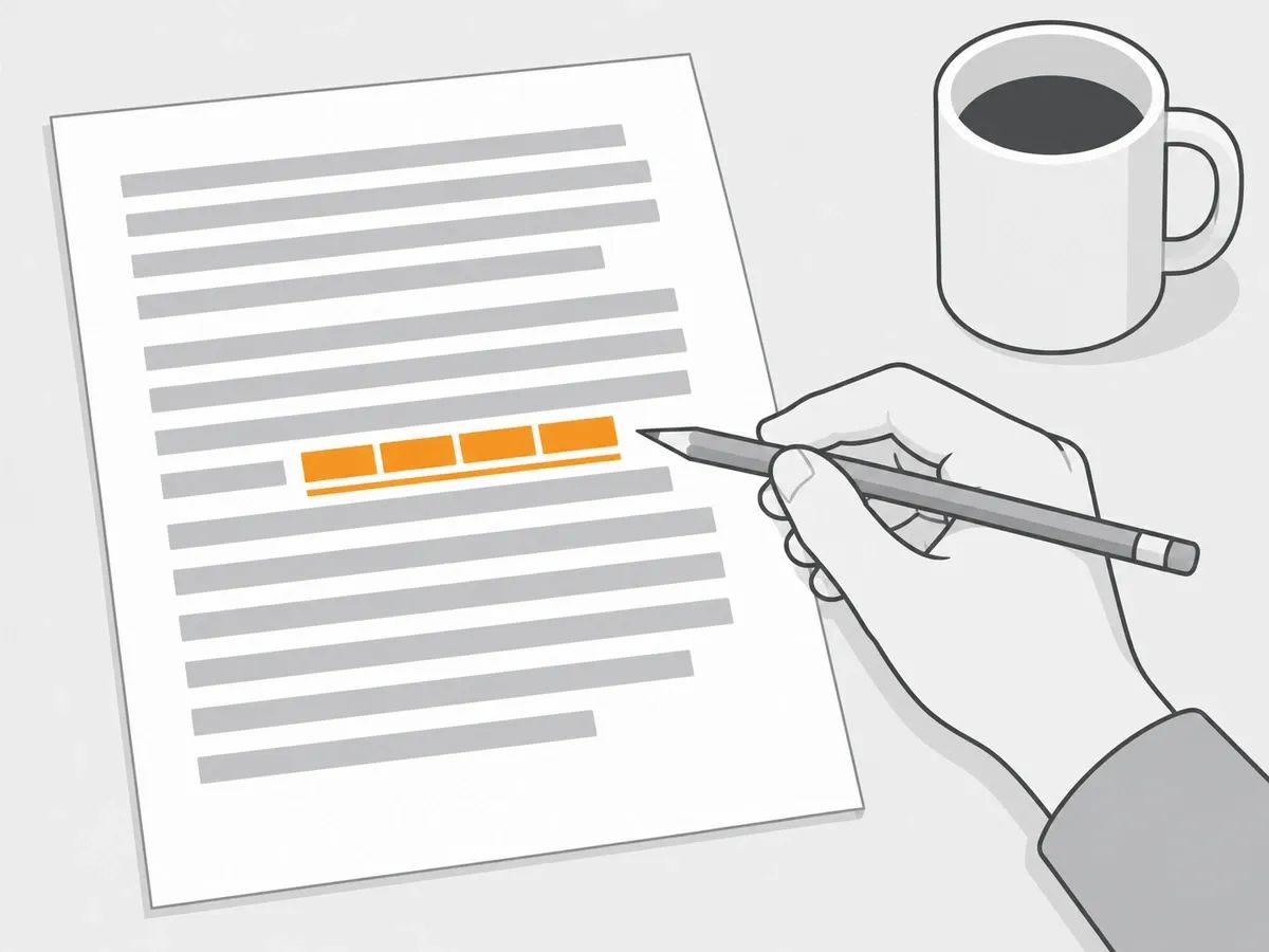 A printed page of grey lines with one underlined orange strip of four blocks in the middle of a paragraph, a hand pointing a pencil at it and a mug beside the page