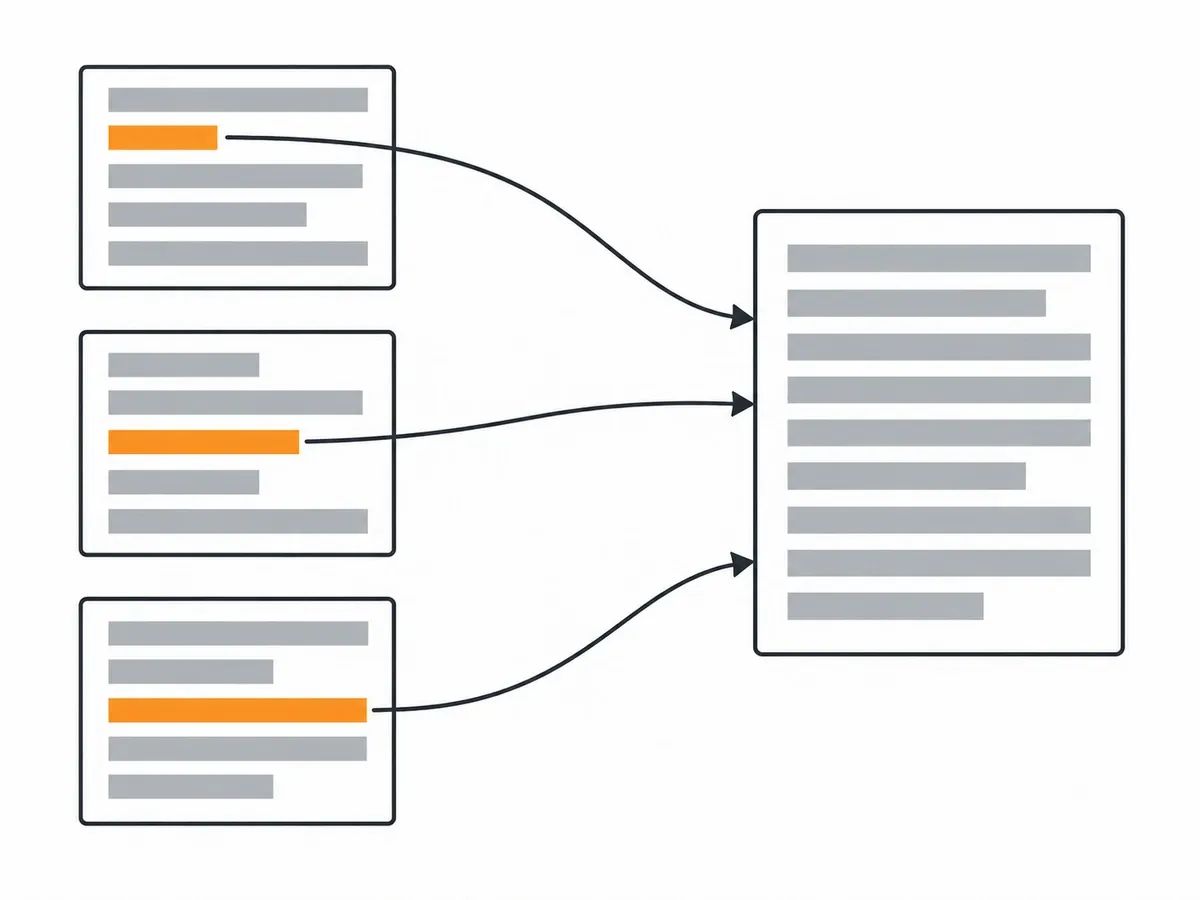 Three articles on other sites, each linking to the same page with anchor text of a different length