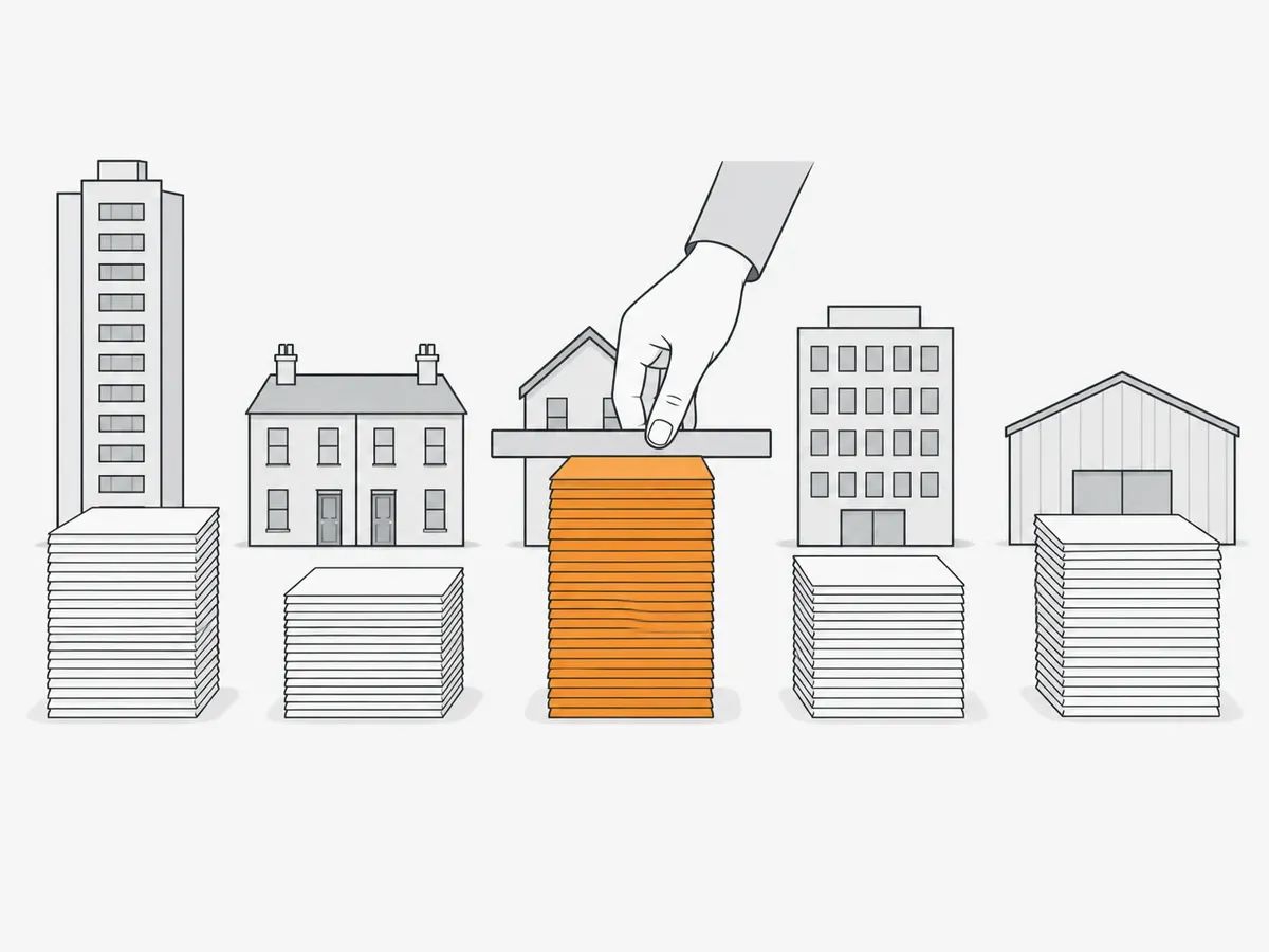 Five stacks of paper of different heights in front of a tower, a terrace, a house, an office block and a hall, with a hand laying a ruler across the orange middle stack