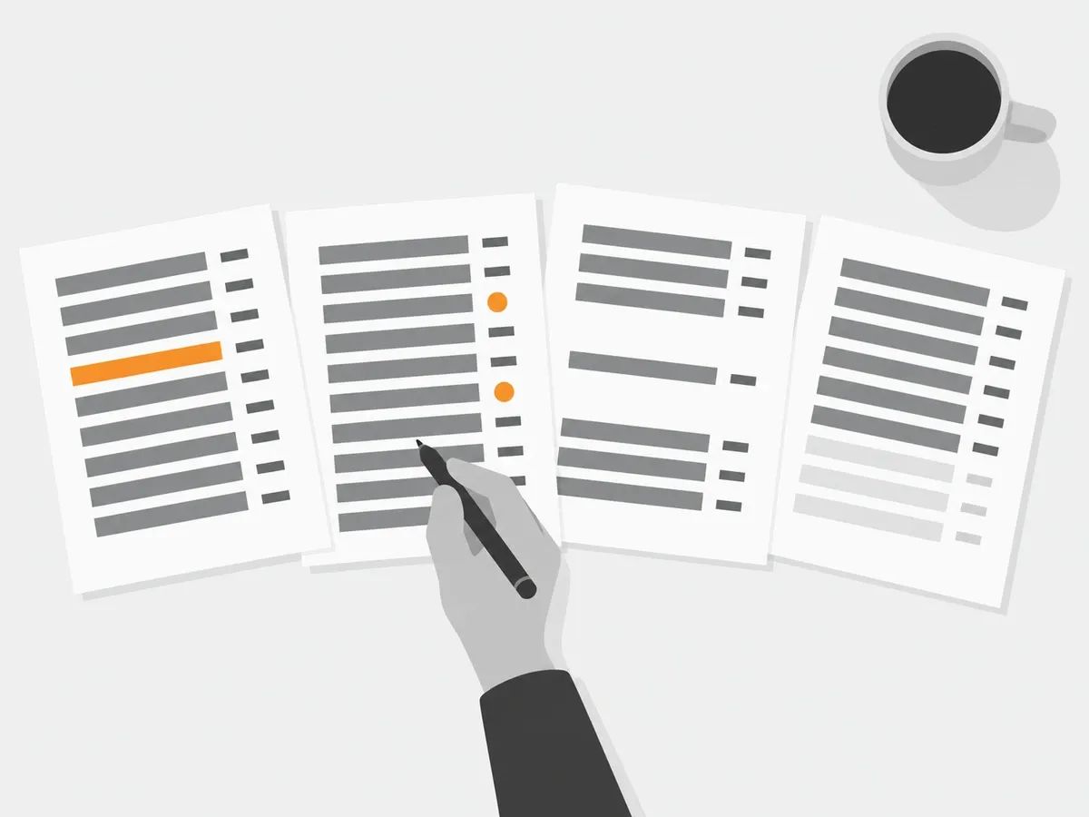 Four sheets of paper fanned across a desk, each showing a table of grey bars: one row on the first sheet is orange, two rows on the second carry small orange circles, one row on the third sits alone with gaps above and below, and the bottom rows of the fourth are faded, with a hand holding a pen over the second sheet and a mug at the corner