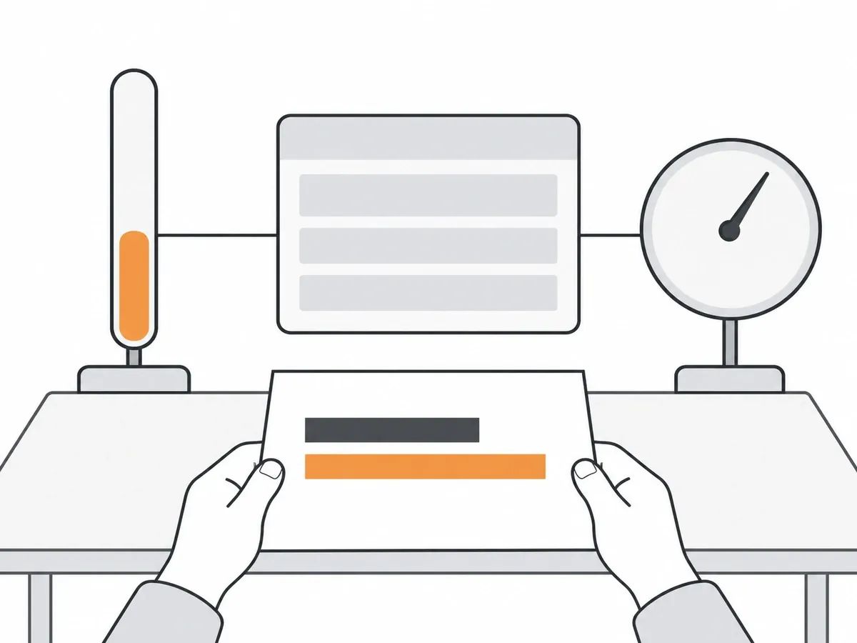 A website card on a desk joined by thin lines to a tall column gauge on the left and a round dial on the right, with two hands holding a sheet showing one dark bar and one orange bar of different lengths