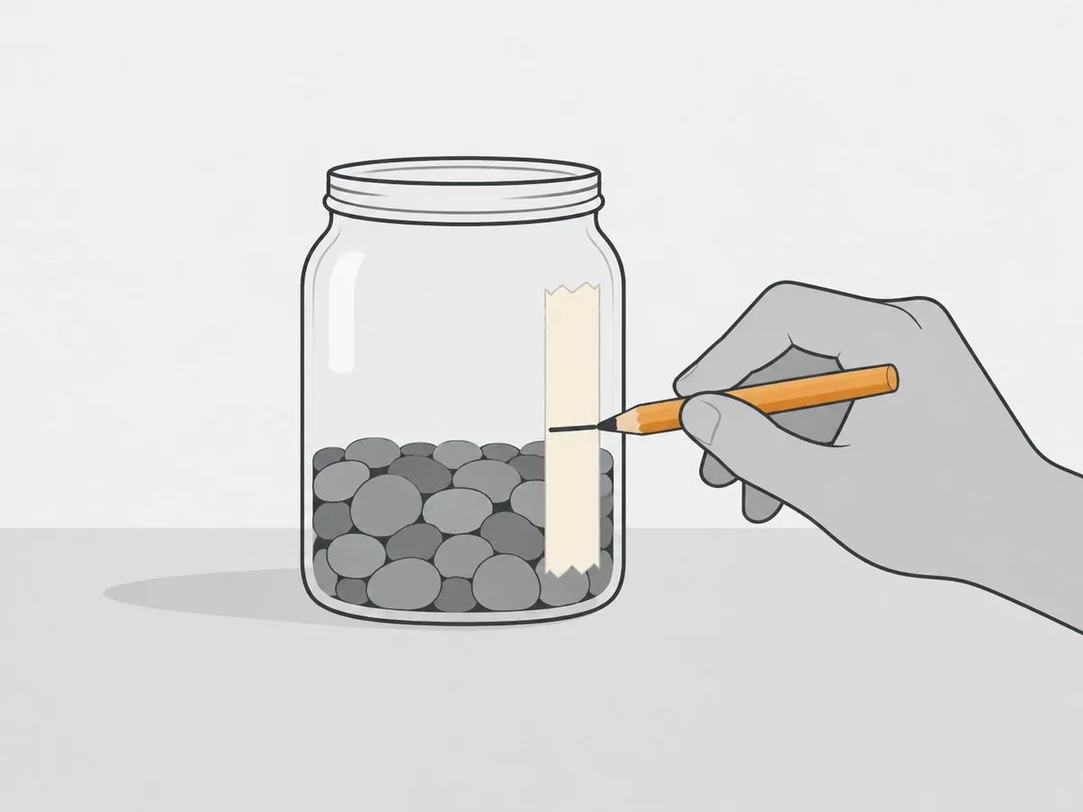 A hand pencilling a line on a strip of tape on a glass jar, marking the level of the grey pebbles inside