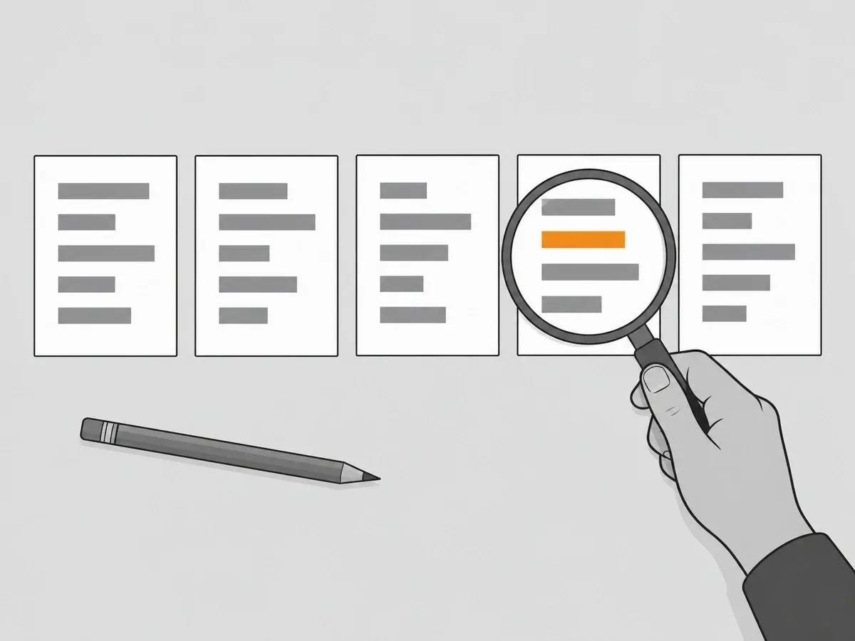 A hand holding a magnifying glass over one of five cards of grey bars laid in a row, with one bar under the glass in orange