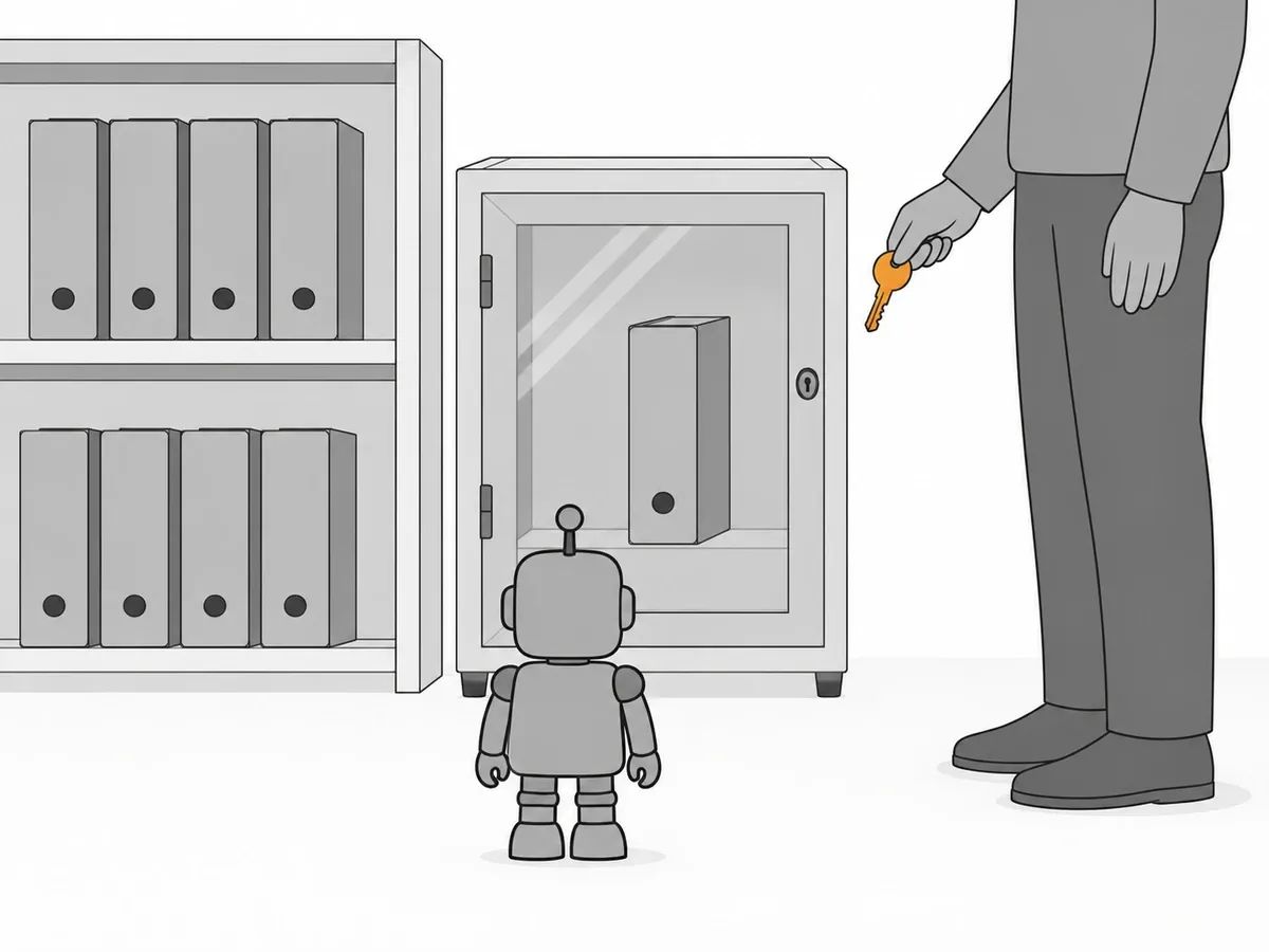 A small robot facing a locked glass cabinet that holds one folder, beside a shelf of open folders and a person holding an orange key