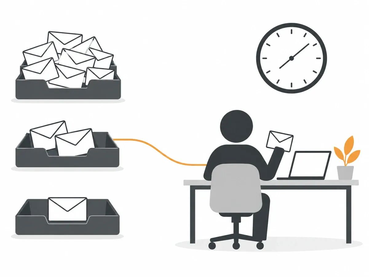 Three mail trays holding many, a few and one envelope, beside a person at a desk with a laptop, a clock on the wall