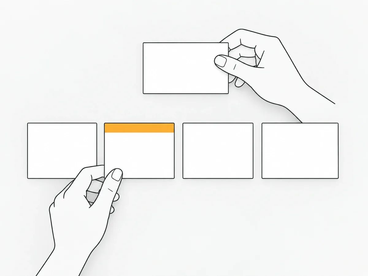 Hands laying blank index cards in a row on a desk