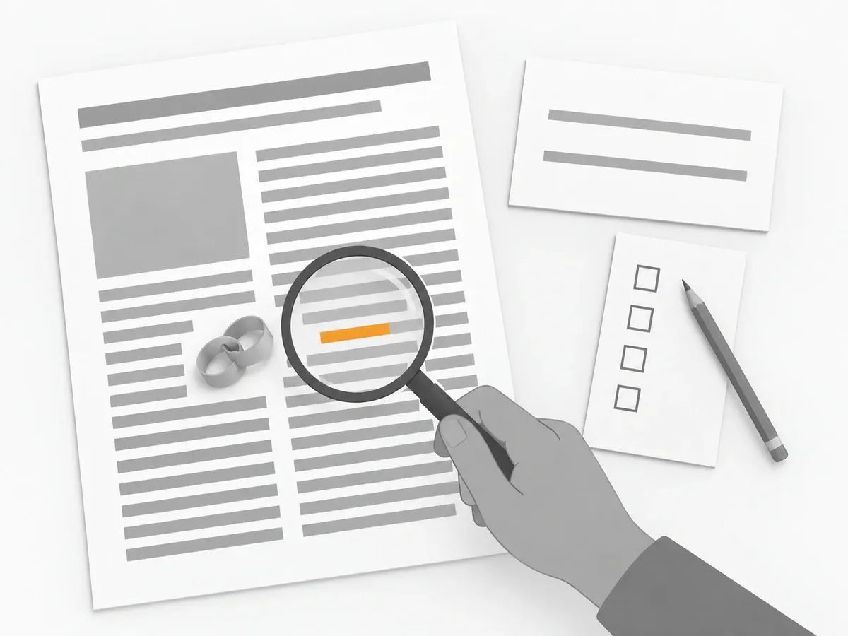 A hand holding a magnifier over one orange line on a printed page, beside a paper chain link, an order card and a checklist with a pencil