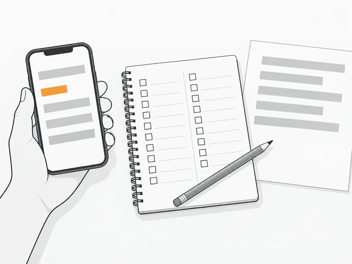 A hand holding a phone showing grey bars and one orange bar, beside a notebook of empty squares, a printed sheet and a pencil