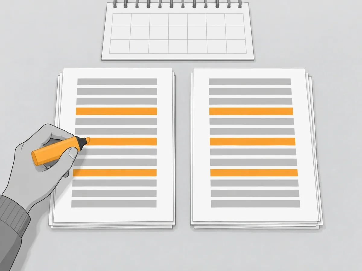 Two stacks of printed lists side by side on a table with the same three rows highlighted in orange on each, a hand holding an orange highlighter and a blank calendar above