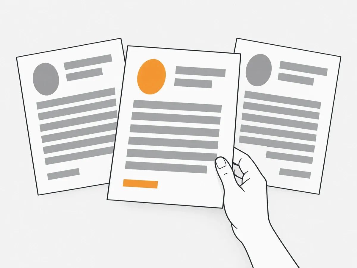 Three printed contributor pages fanned on a desk, with a hand drawing forward the one whose photo oval and foot line are orange
