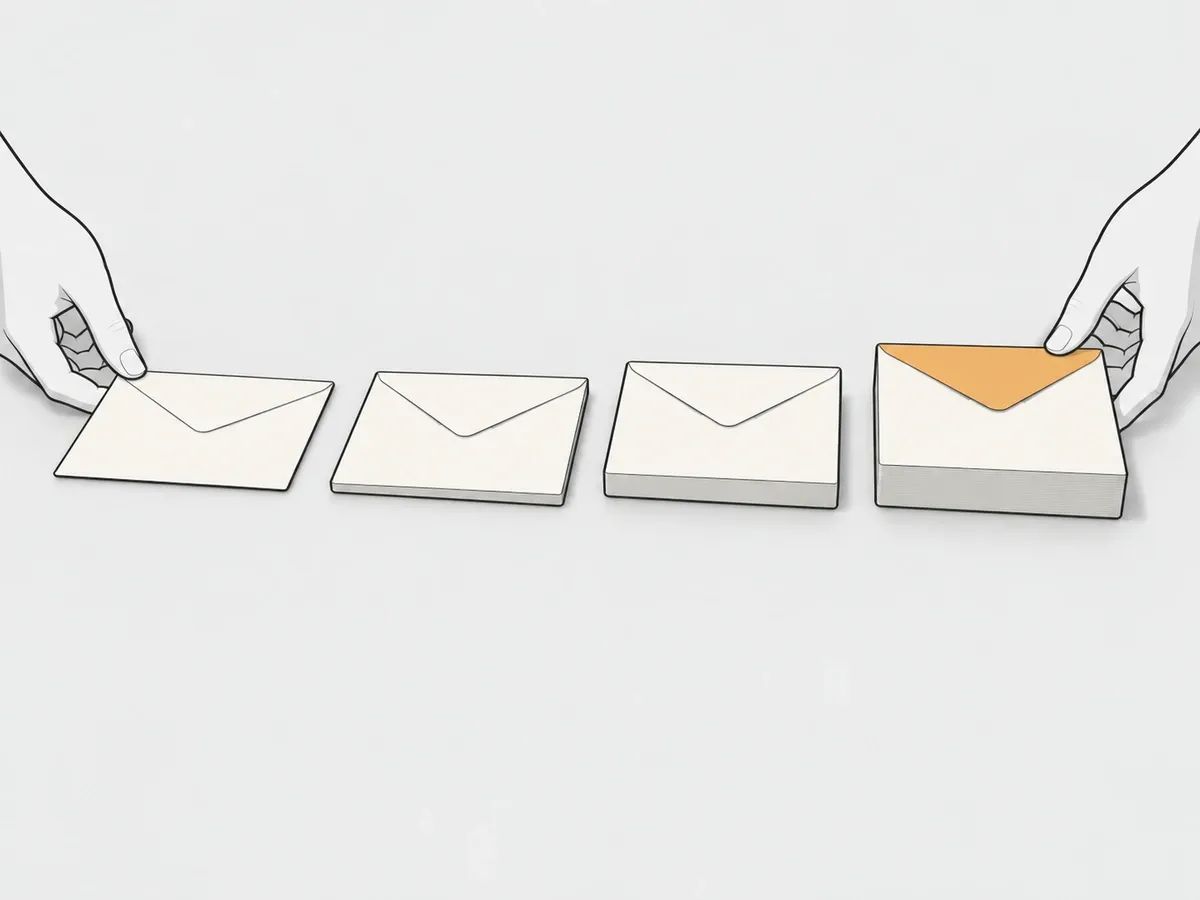 Two hands laying four envelopes of increasing thickness in a row on a desk