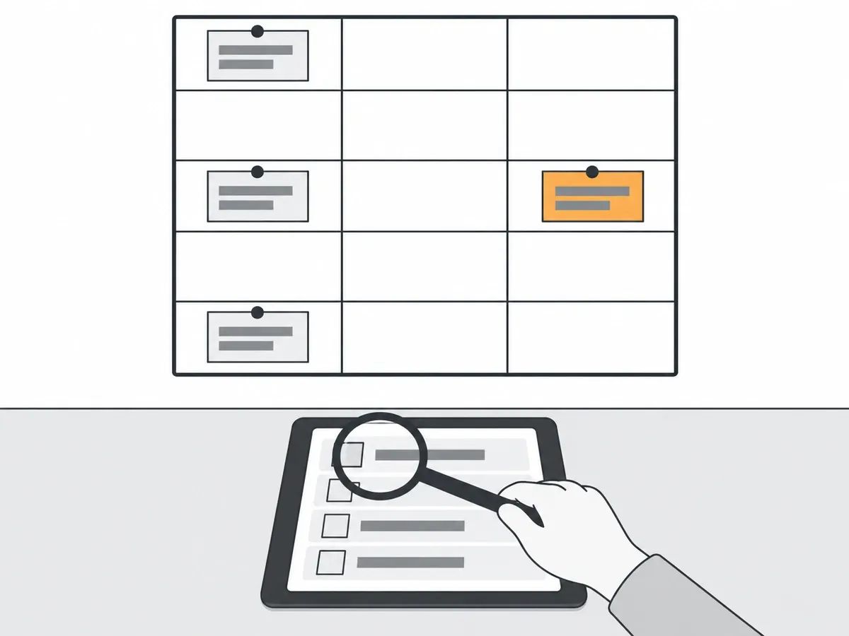 Order cards on a wall planner above a tablet listing pages under a magnifying glass