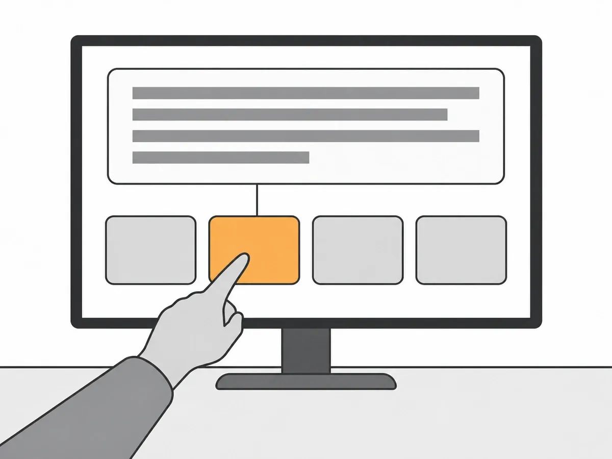 A monitor showing an answer panel of grey lines above four source cards, with a hand pointing at the one orange card that is joined to the answer