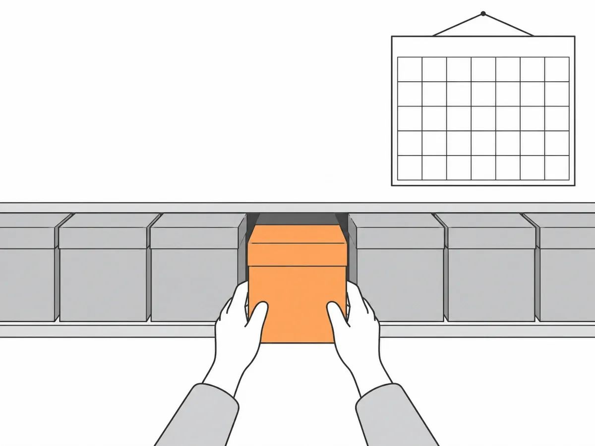 Two hands sliding an orange archive box into a gap in a shelf of grey boxes, with a blank wall calendar beside the shelf