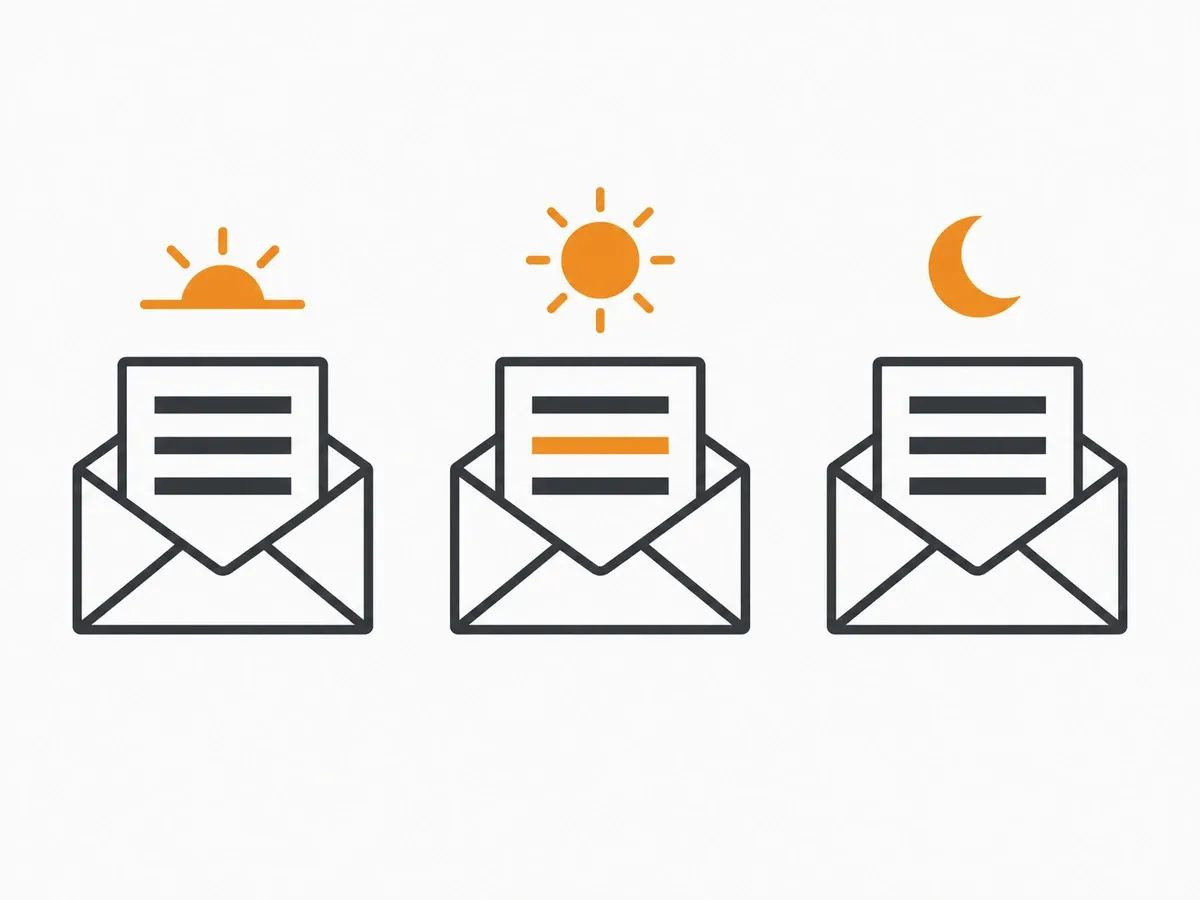 Three open envelopes under a rising sun, a midday sun and a moon, for the three weekday HARO emails