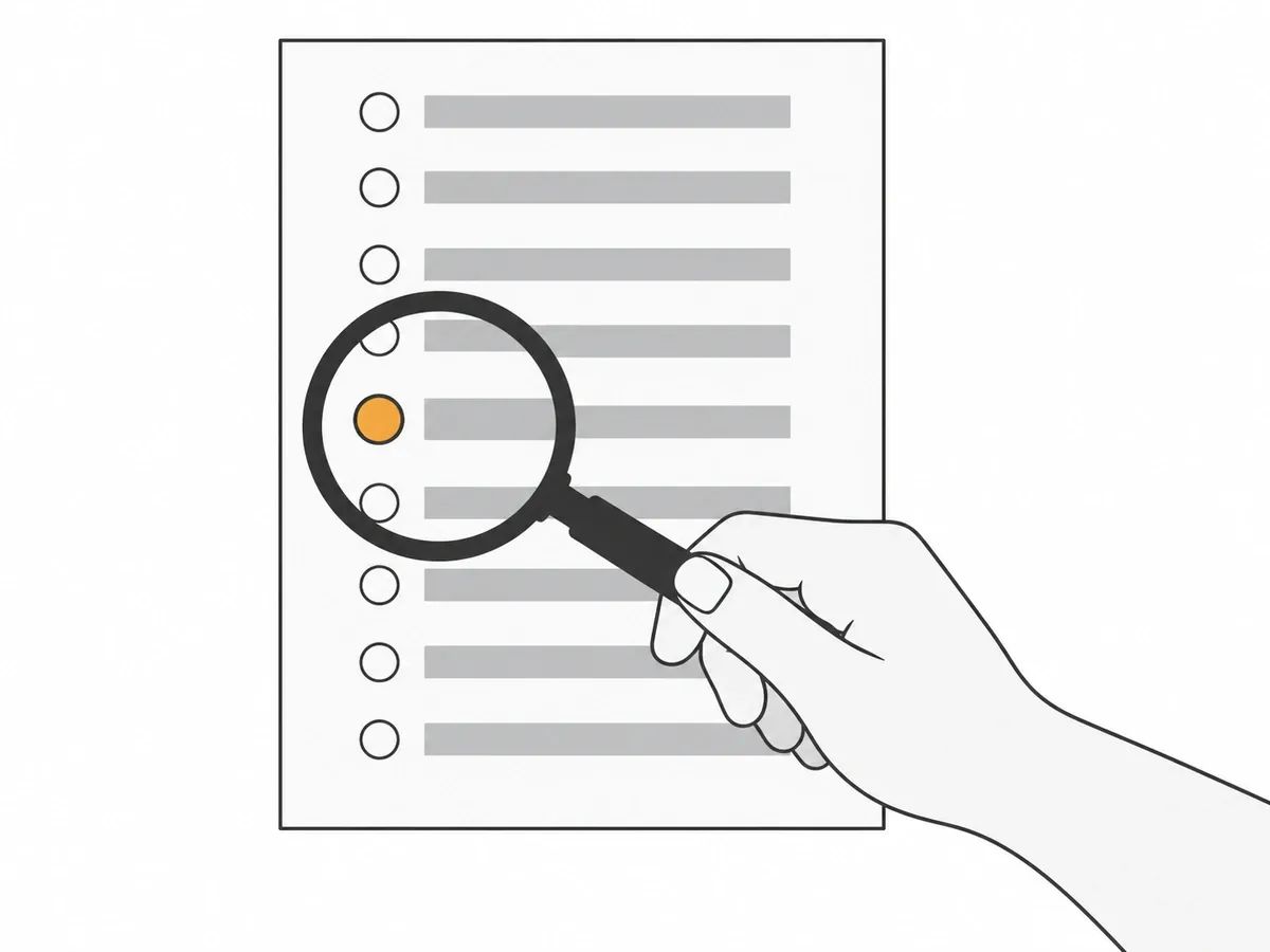 A hand holding a magnifying glass over one row of a printed list, where the circle at the start of that row is orange