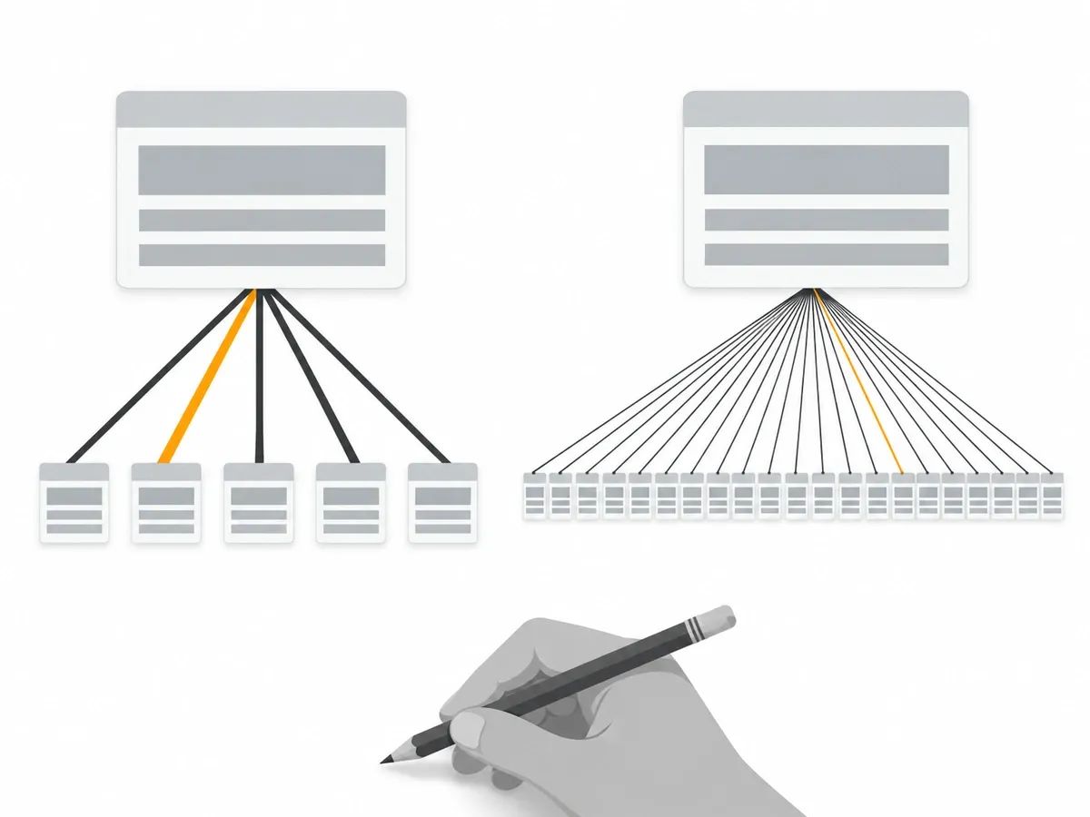 Two plain website tiles side by side: from the left tile five thick lines run down to five small tiles, one line orange; from the right tile more than twenty hairline-thin lines fan down to a crowded row of tiny tiles, one line orange, with a hand holding a pencil at the bottom