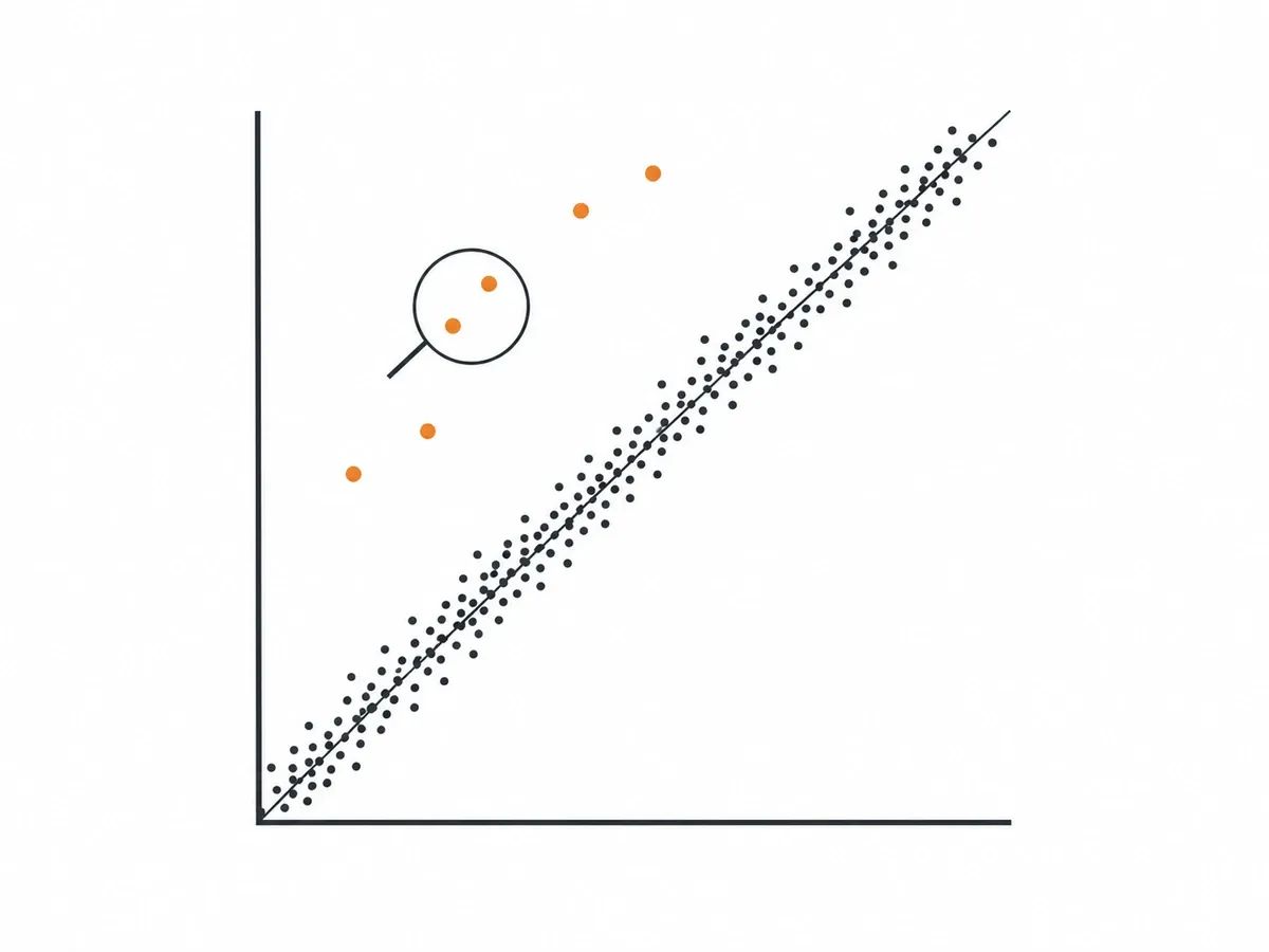 A scatter plot with most dots close to a diagonal line and six dots far above it under a magnifying glass