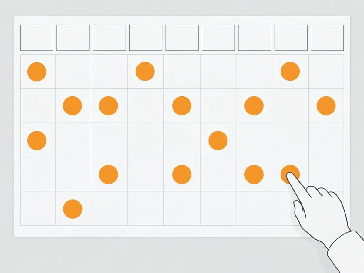 A paper grid with nine blank column cards and rows holding different numbers of orange stickers, with a hand pressing one sticker onto a row