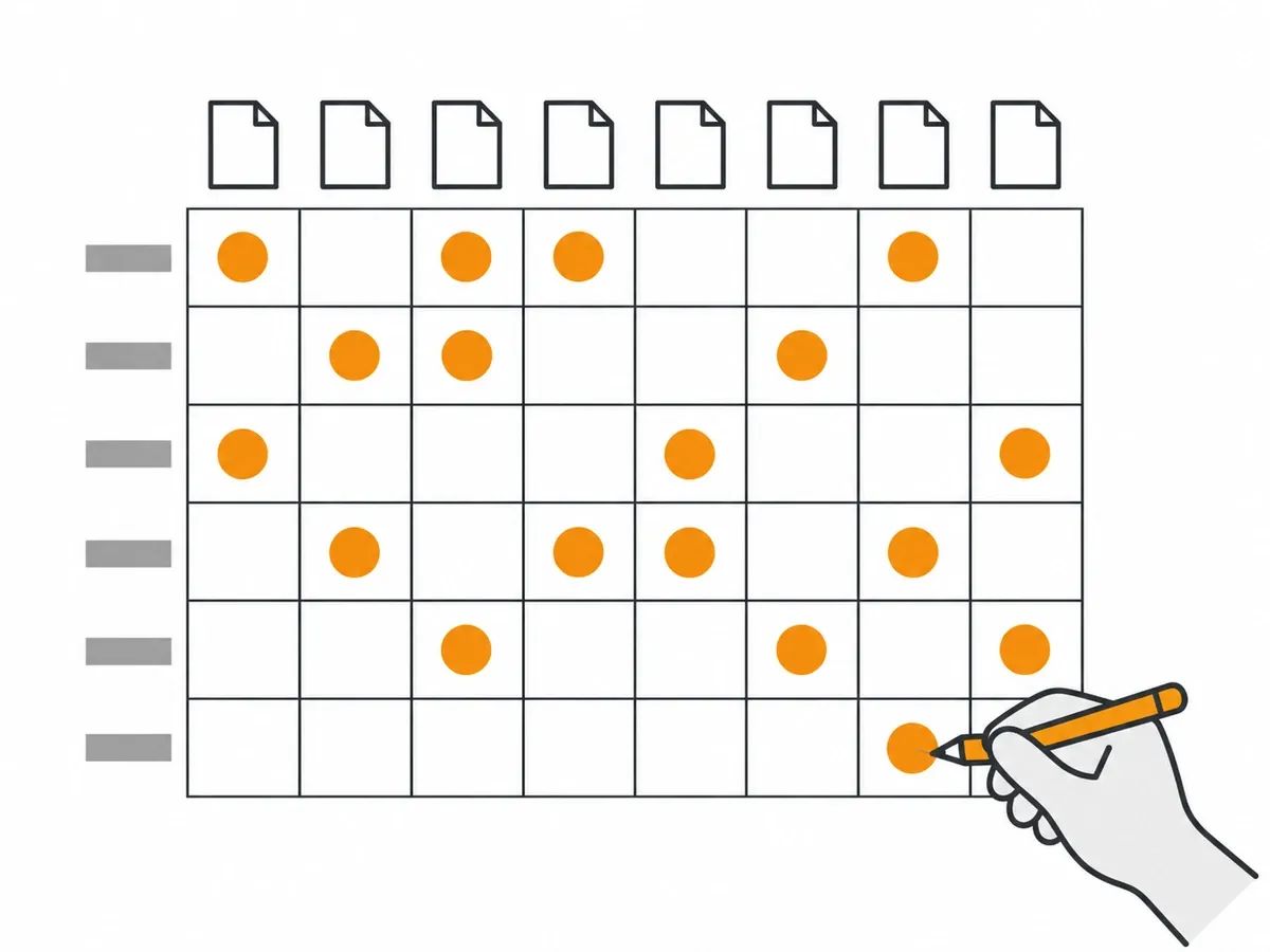 A grid of eight columns and six rows with dots in an irregular pattern and a hand adding one more dot