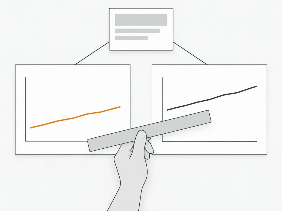 Two printed charts of one site's links with lines at different heights and a hand holding a ruler between them