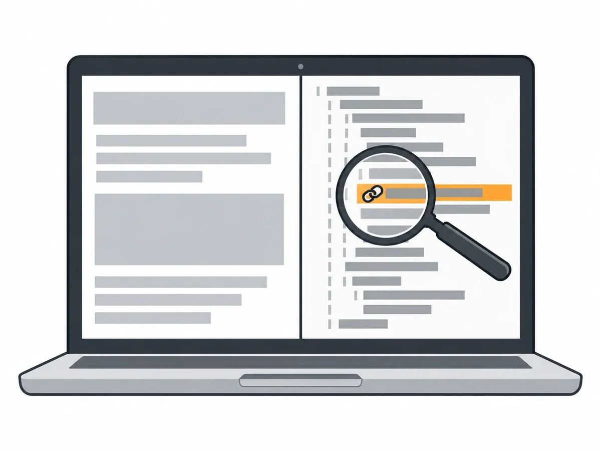 A laptop screen split in two, a web page on the left and its code on the right, with a magnifying glass over one highlighted line that carries a link icon
