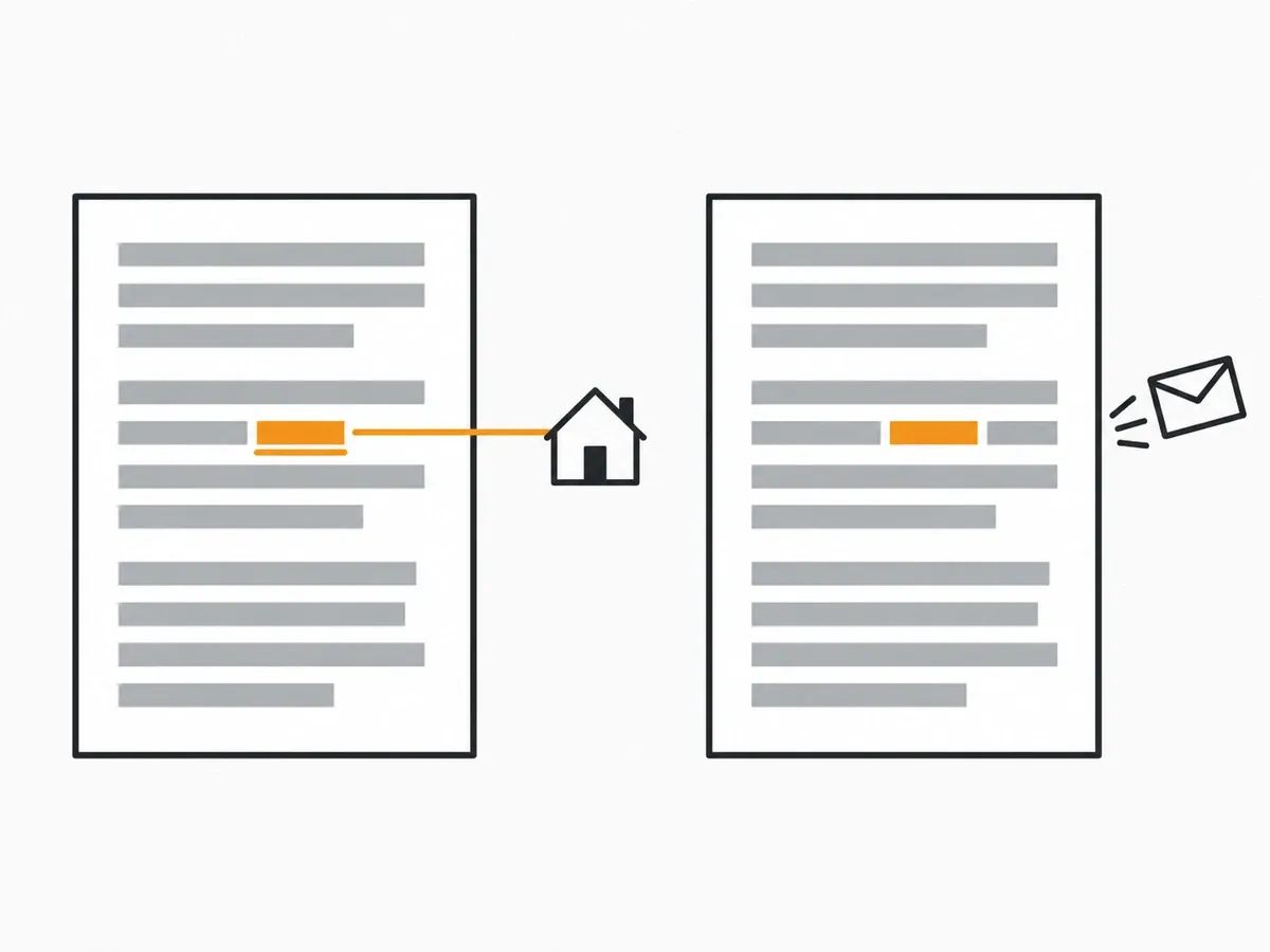 Two article pages side by side: on the left a highlighted phrase links out to a house-shaped site icon, on the right the same phrase is highlighted with an envelope beside it