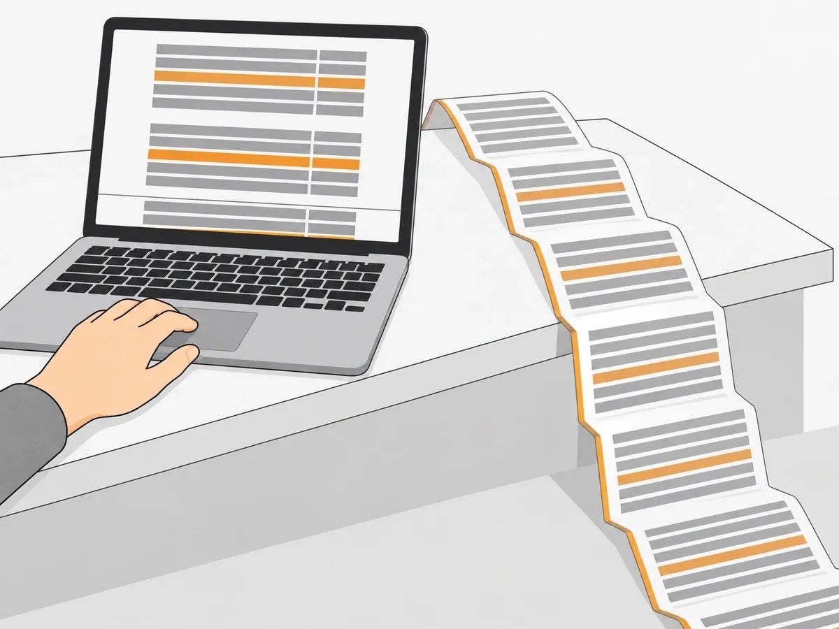 A laptop on a desk showing three stacked tables of plain grey and orange bars, the third cut off at the bottom of the screen, while a long concertina of printed paper with the same rows spills off the desk edge, and a hand rests on the trackpad