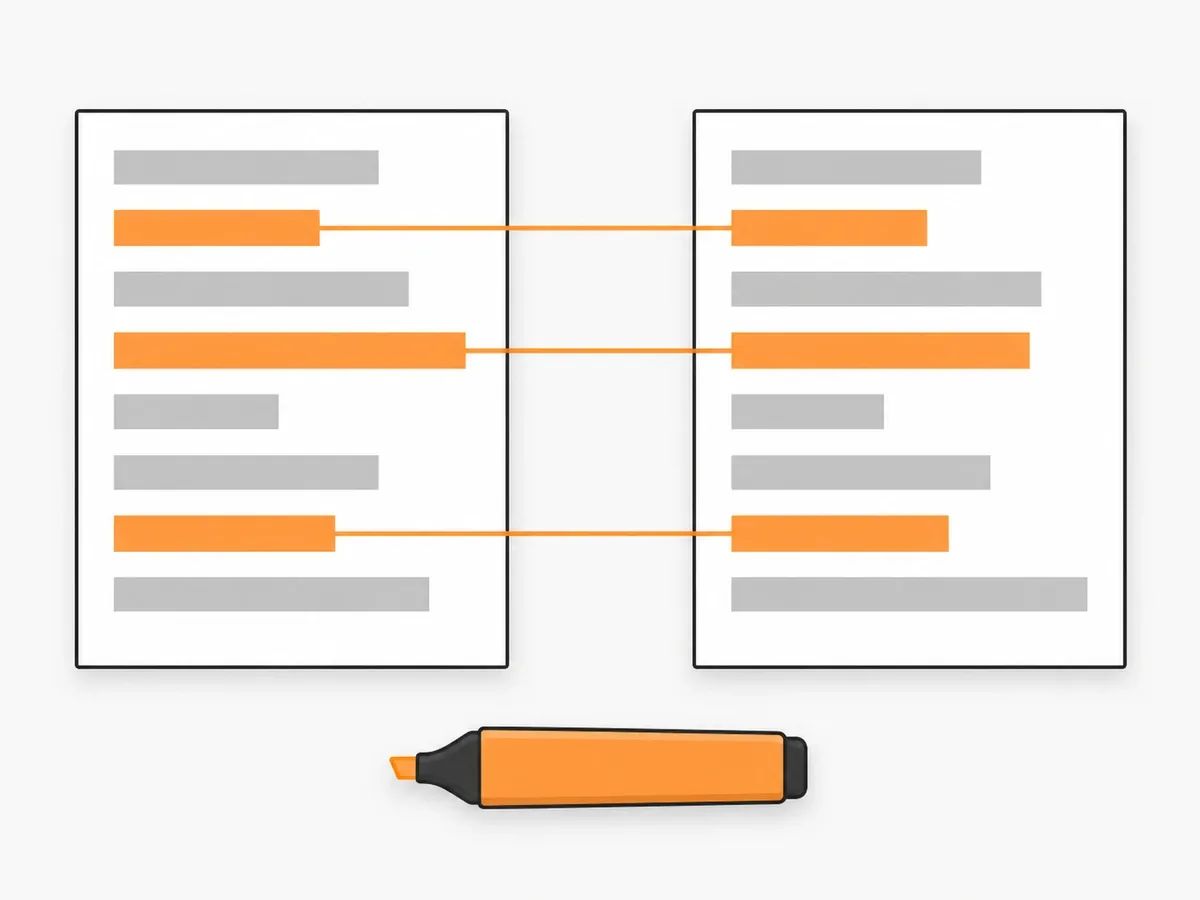 Two lists side by side with three matching rows highlighted and joined by lines