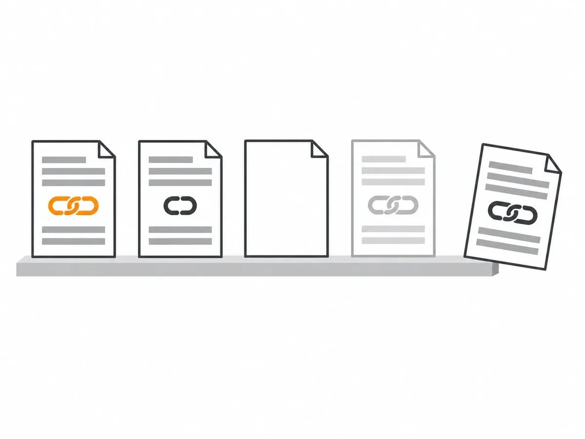 Five paper pages on a shelf: one with a whole orange chain link, one with a shorter chain, one blank, one faded and one tilting off the shelf edge