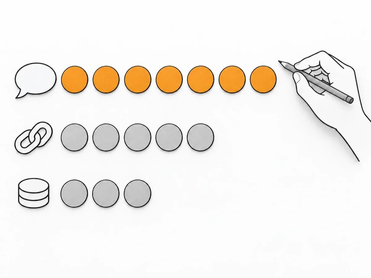 Three rows of paper counters on a desk: a long orange row beside a speech bubble token, a shorter grey row beside a chain link and a short grey row beside a stack of discs