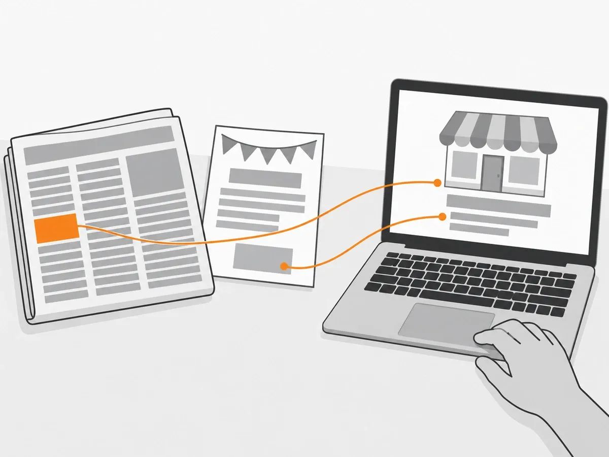 A folded newspaper with one item highlighted in orange and an event flyer on a desk, each joined by a thin orange line to a laptop showing a plain shop website, with a hand on the laptop