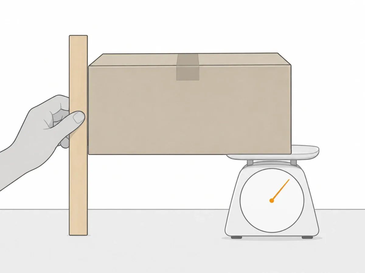 One cardboard box measured two ways: a hand holding a wooden ruler against its side and a kitchen scale under one corner with an orange needle on a blank dial