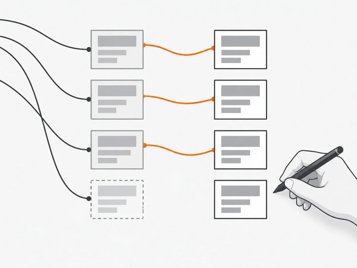 Two columns of plain website tiles, the left column faded and the right solid, with three orange curves each joining one left tile to one right tile, a fourth left tile drawn with a dashed outline and no curve, thin dark lines arriving from the left edge onto the left tiles, and a hand holding a pen at the right