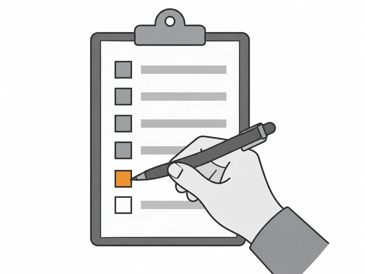 A hand with a pen filling in the next box on a clipboard checklist, with the boxes above already filled and one below left empty