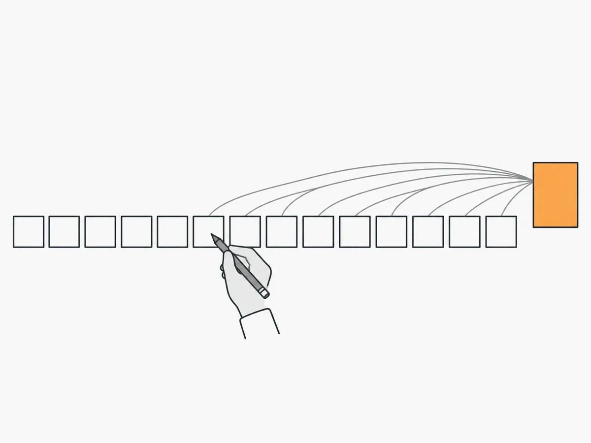 A row of square blocks, the first five empty and each later one joined by a thread to an orange page at the end, with a hand resting a pencil on the first joined block