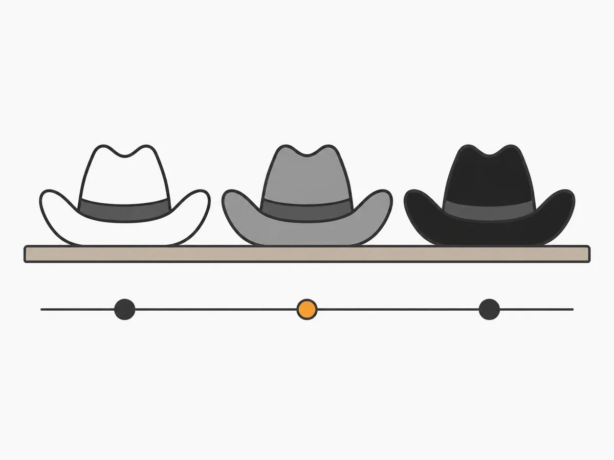 A white hat, a grey hat and a black hat in a row on a shelf above a timeline with three markers