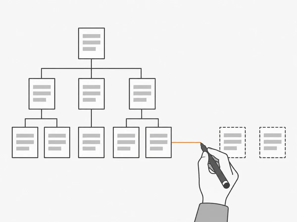 A site diagram of nine linked page tiles in three rows, with two page tiles drawn in dashed outlines off to the right and a hand drawing an orange line from the tree towards the nearer one