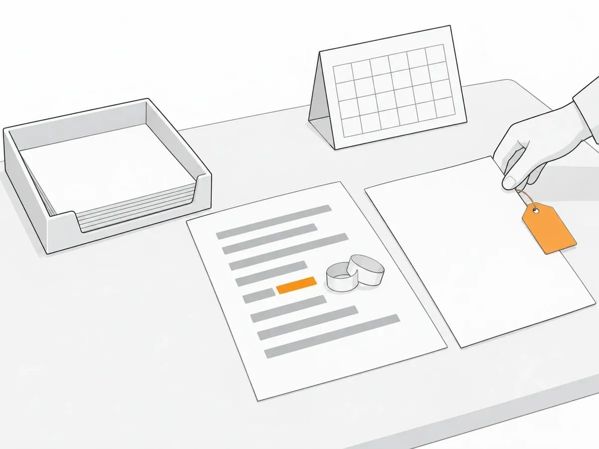 A hand placing a tagged order sheet beside a printed page with one orange line and a paper chain link, with a tray of finished sheets and a blank calendar