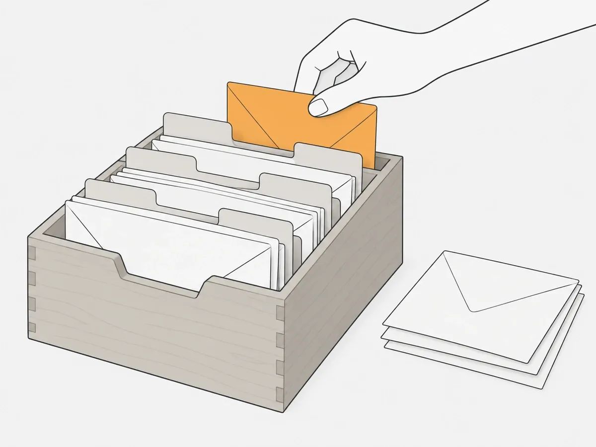 A hand filing an orange envelope behind a divider in a wooden card box of blank envelopes, with a small pile of unfiled envelopes beside it